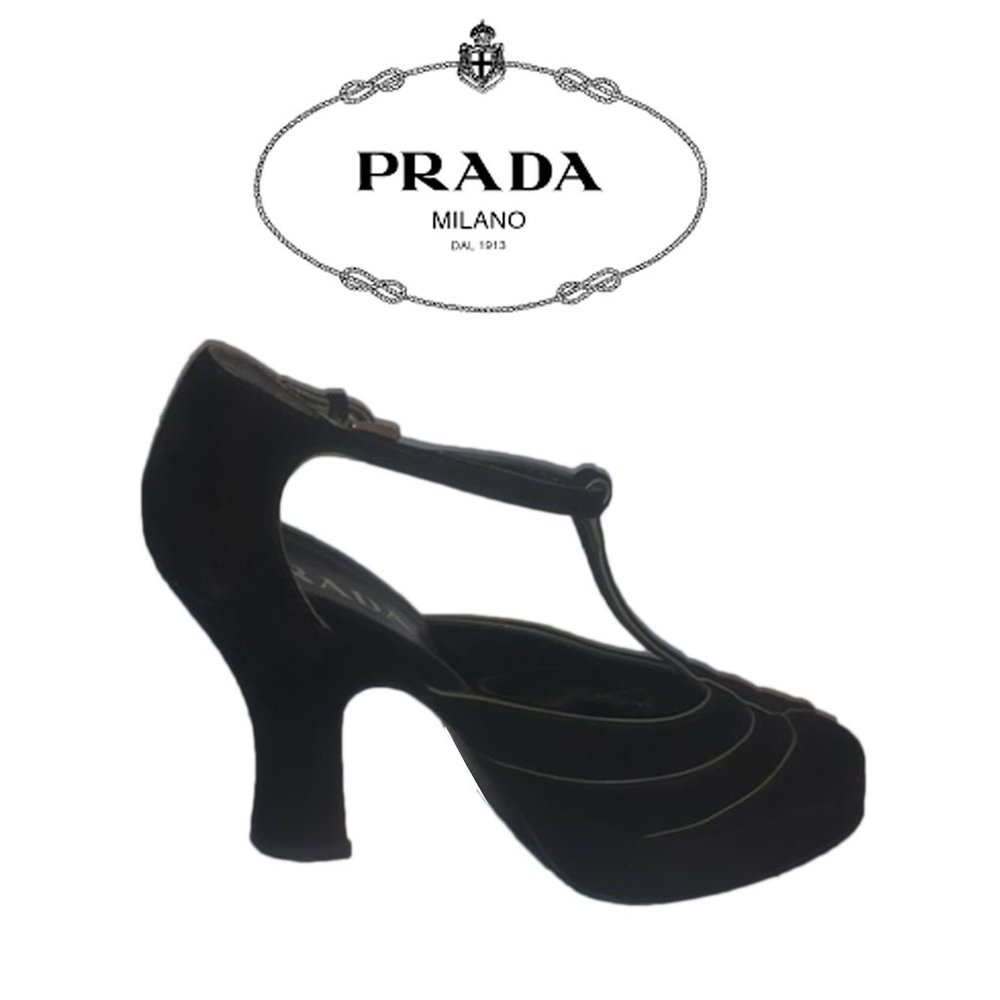 Prada black suede heels t strap and peep toe heels